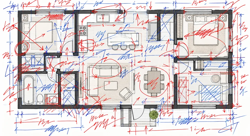 Floor plan covered in notes and overlapping drawings